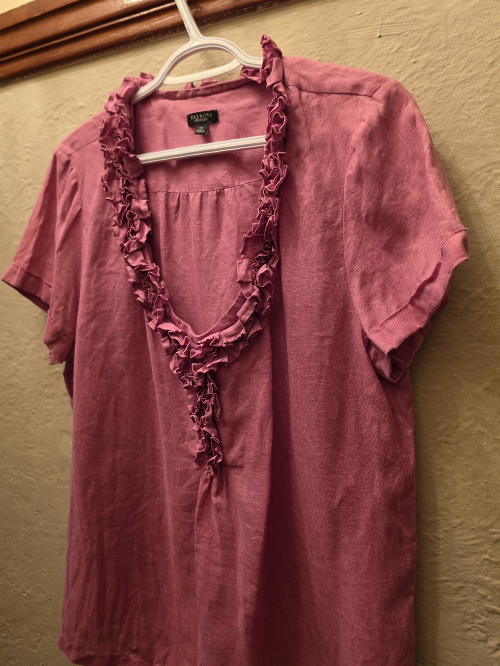 Talbots Pure Linen Pink Ruffle Neck Blouse Size 14 - Picture 7 of 11